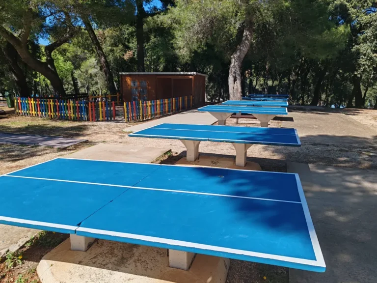 Betonski stolovi za stolni tenis obojani u plavu boju s preciznim bijelim linijama za igru.