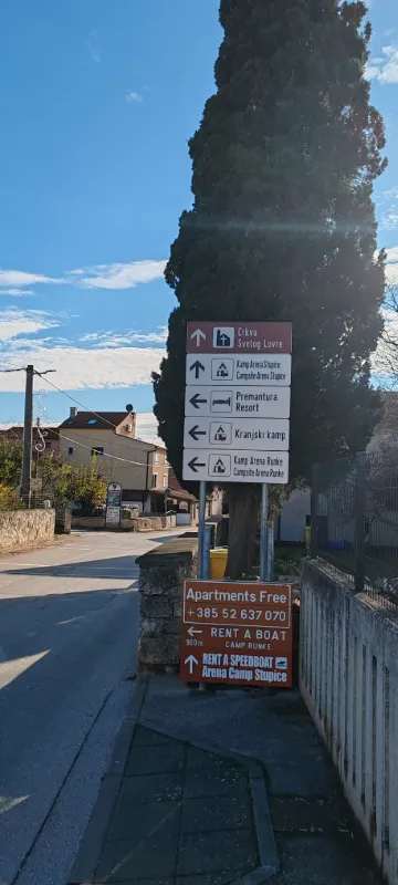 Smeđa turistička signalizacija za Crkvu Svetog Lovre i lokalne kampove u Premanturi