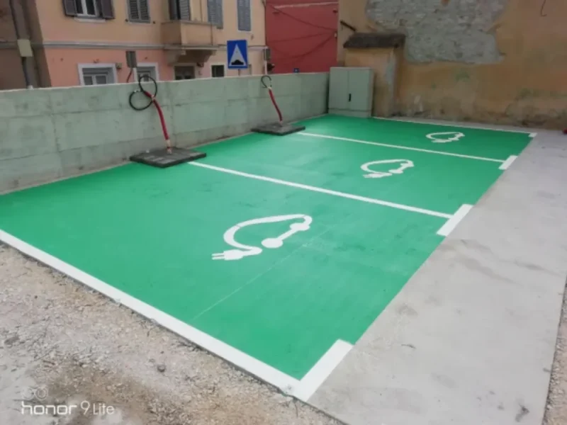 Zelena podloga i bijeli piktogrami za e-punionice na parkiralištu Hrvatske pošte.