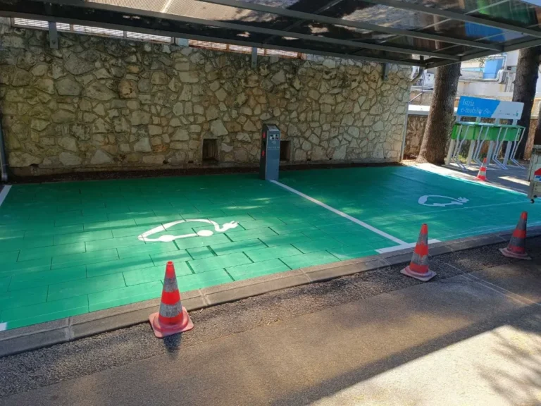 Horizontalna signalizacija e-punionice sa simbolom automobila i utikača na zelenoj podlozi