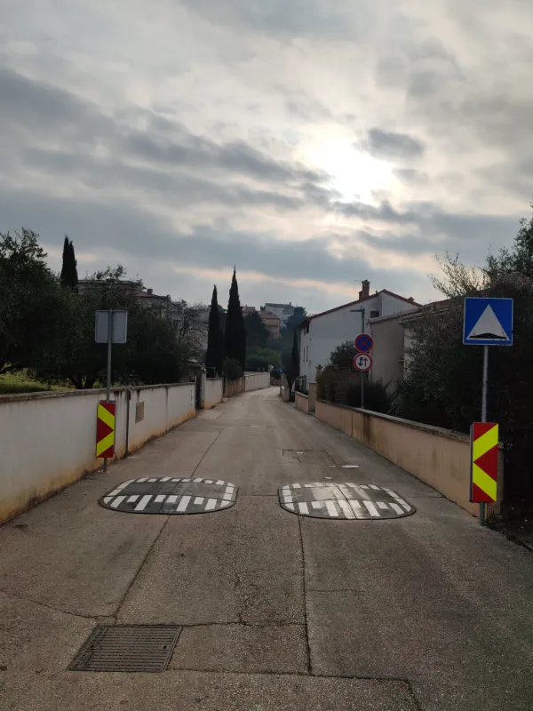 Ugrađeni ležeći policajci i prateća vertikalna signalizacija na prometnici u Vinkuranu.