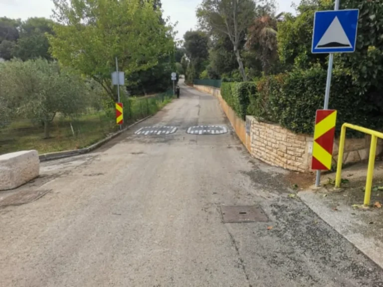 Jastučaste izbočine na kolniku uz žutu zaštitnu ogradu za sigurnost pješaka.