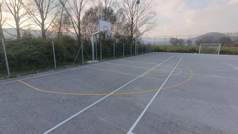 Pogled prema košu uz precizno izvedenu horizontalnu signalizaciju sportskog terena.