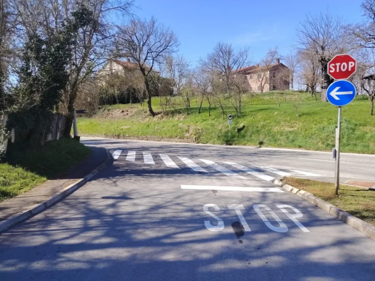 Oznaka STOP na kolniku i vertikalni prometni znakovi na raskrižju